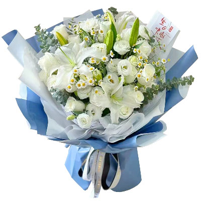 中山11朵白玫瑰桔梗百合,爱永恒不息