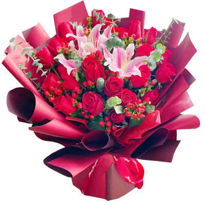 中山22朵红玫瑰百合，爱的火焰