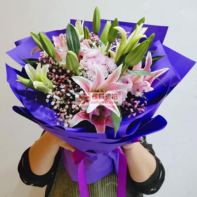 中山6支粉色多头百合，真诚的问候